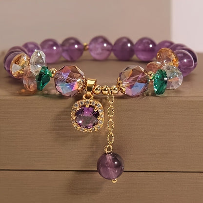 Classic Amethyst Beaded Bracelet with Cubic Zirconia, Uncoated Fashion Jewelry for Women - Perfect for Everyday Wear and Gift Giving