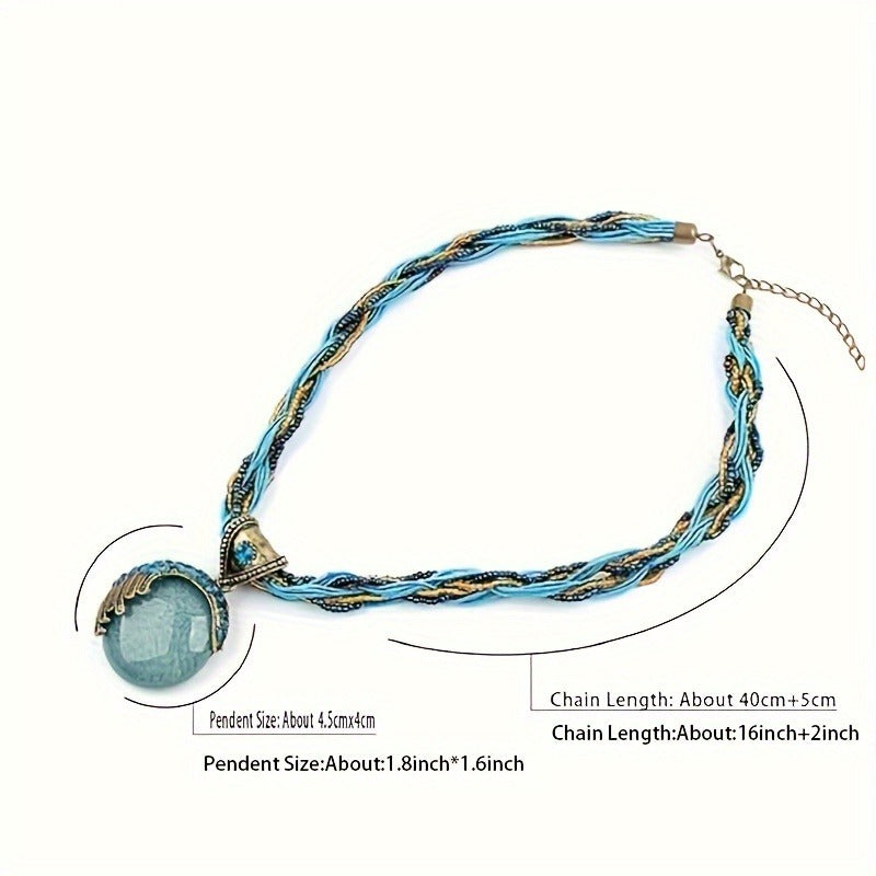 Women's Vintage Bohemian Style Twisted Braided Rope Necklace Turquoise Rhinestone Pendant Necklace Fashion Jewelry