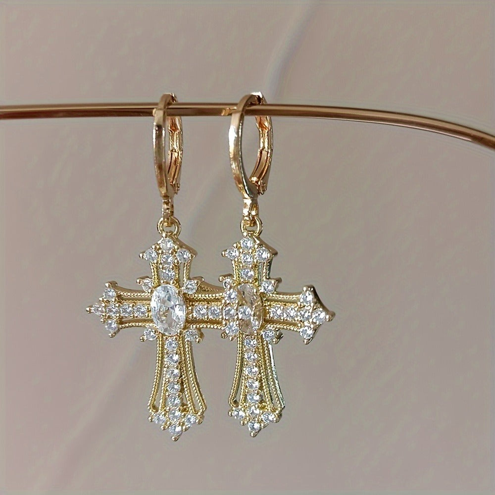 Elegant Luxury Cross Dangle Earrings for Women, Synthetic Zirconia Inlay, Copper Material, Versatile for Daily Wear and Vacation, All-Season Jewelry