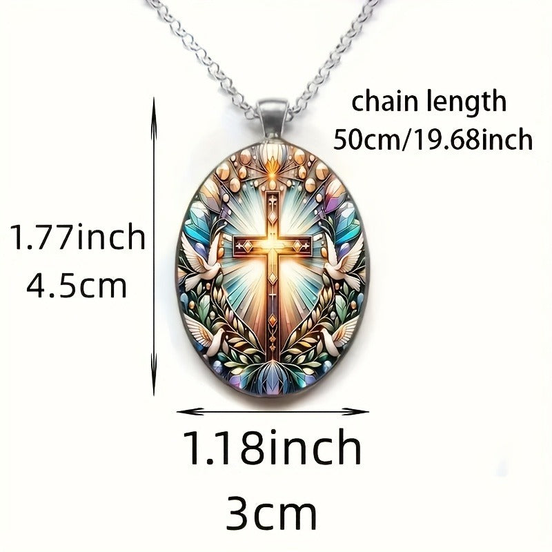 Fashion Elegant Cross Pattern Oval Alloy Glass Pendant Necklace, Romantic Gift1pc Fashion Elegant Cross Pattern Oval Alloy Glass Pendant Necklace, Romantic Gift
