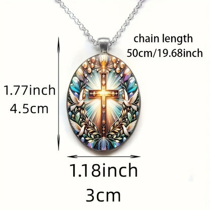 Fashion Elegant Cross Pattern Oval Alloy Glass Pendant Necklace, Romantic Gift1pc Fashion Elegant Cross Pattern Oval Alloy Glass Pendant Necklace, Romantic Gift