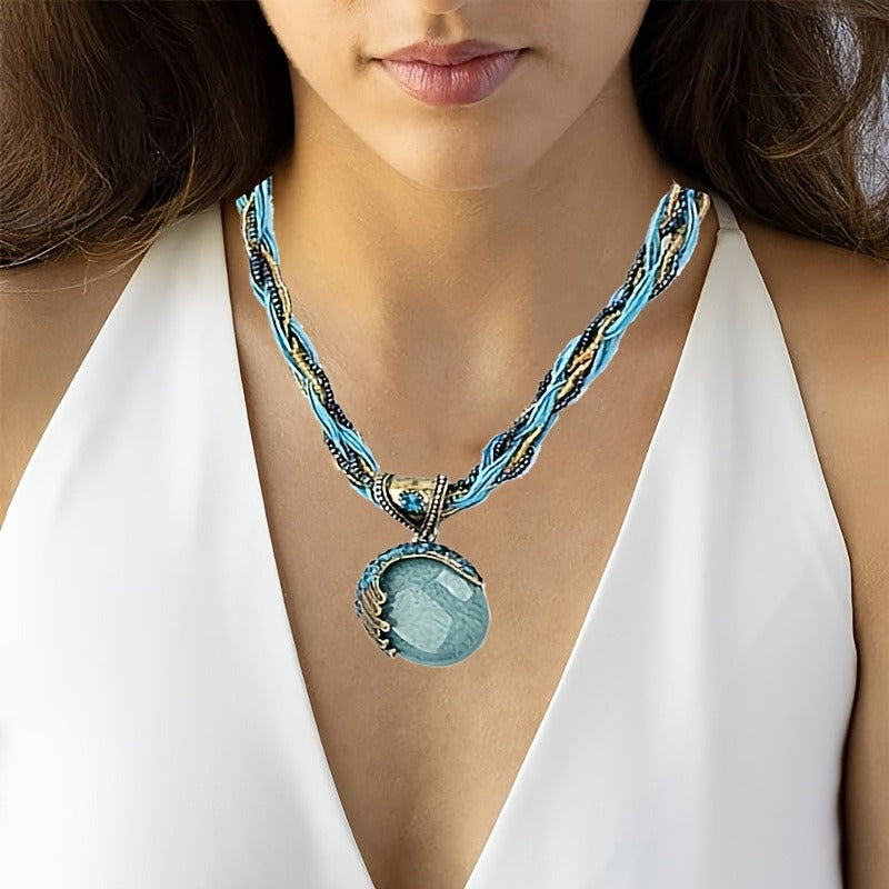 Women's Vintage Bohemian Style Twisted Braided Rope Necklace Turquoise Rhinestone Pendant Necklace Fashion Jewelry