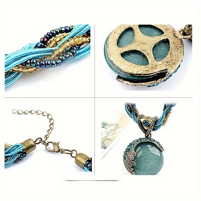 Women's Vintage Bohemian Style Twisted Braided Rope Necklace Turquoise Rhinestone Pendant Necklace Fashion Jewelry