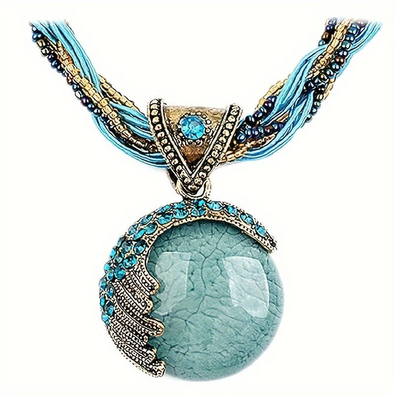 Women's Vintage Bohemian Style Twisted Braided Rope Necklace Turquoise Rhinestone Pendant Necklace Fashion Jewelry