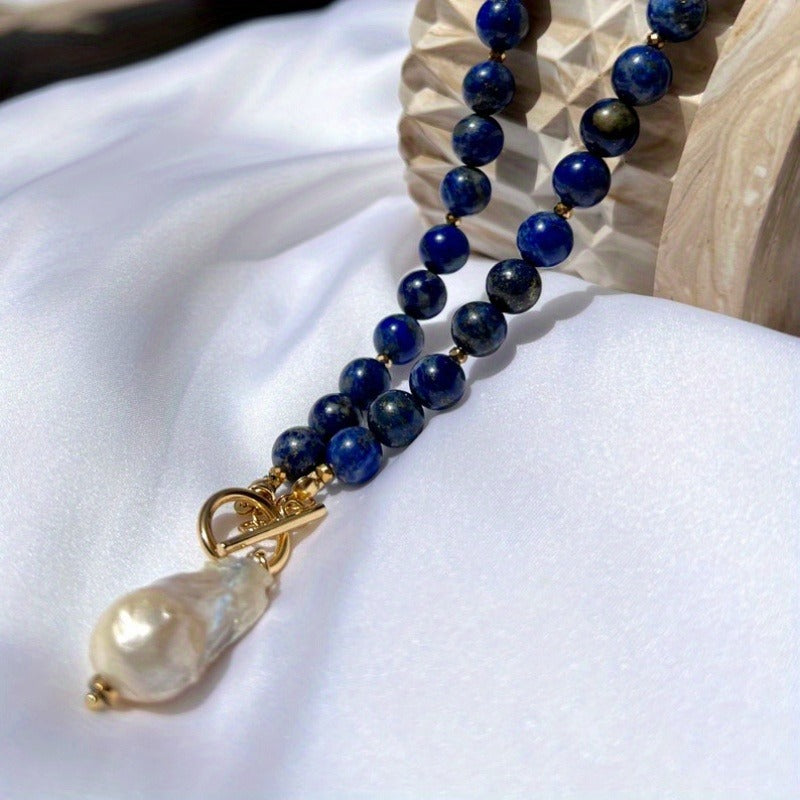 Bohemian Style Lapis Lazuli Bead Necklace with Baroque Pearl Pendant – Unique Hematite Spacers, Golden-Tone Chain, Dark Blue & Black Beads, Sophisticated Men’s Fashion Accessory