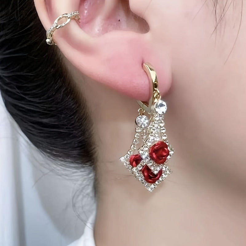 1 pair of luxury red synthetic crystal gold earrings bohemian vintage style for women, perfect gift for engagement, wedding, birthday and everyday occasions